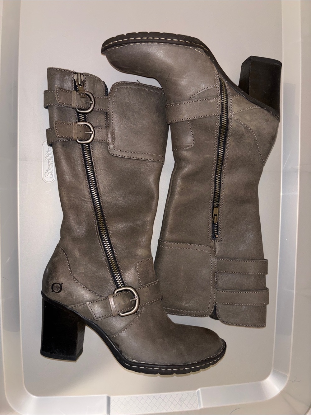 Born Gray Mid-Calf Heeled Buckle Zip Boots - Picture 2 of 6